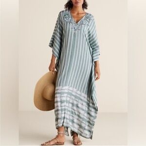 Soft Surroundings Harbor Caftan Kaftan Teal Stripe Beaded Sequin Cover-up Maxi